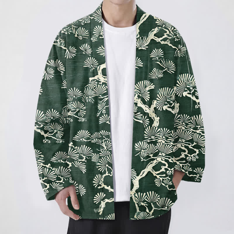 Buddha Stones Cotton Pine Branch Fan Pattern Open Front Men's Kimono - ForestGreen - US/UK/AU48,EU58 (4XL) - image 6