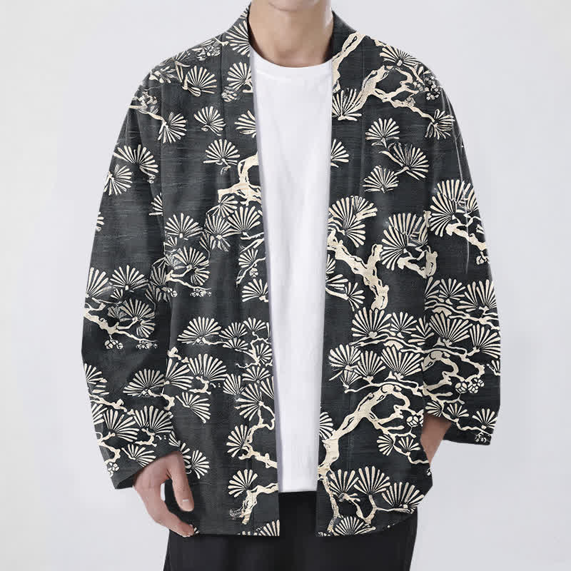 Buddha Stones Cotton Pine Branch Fan Pattern Open Front Men's Kimono - DimGray - US/UK/AU48,EU58 (4XL) - image 9