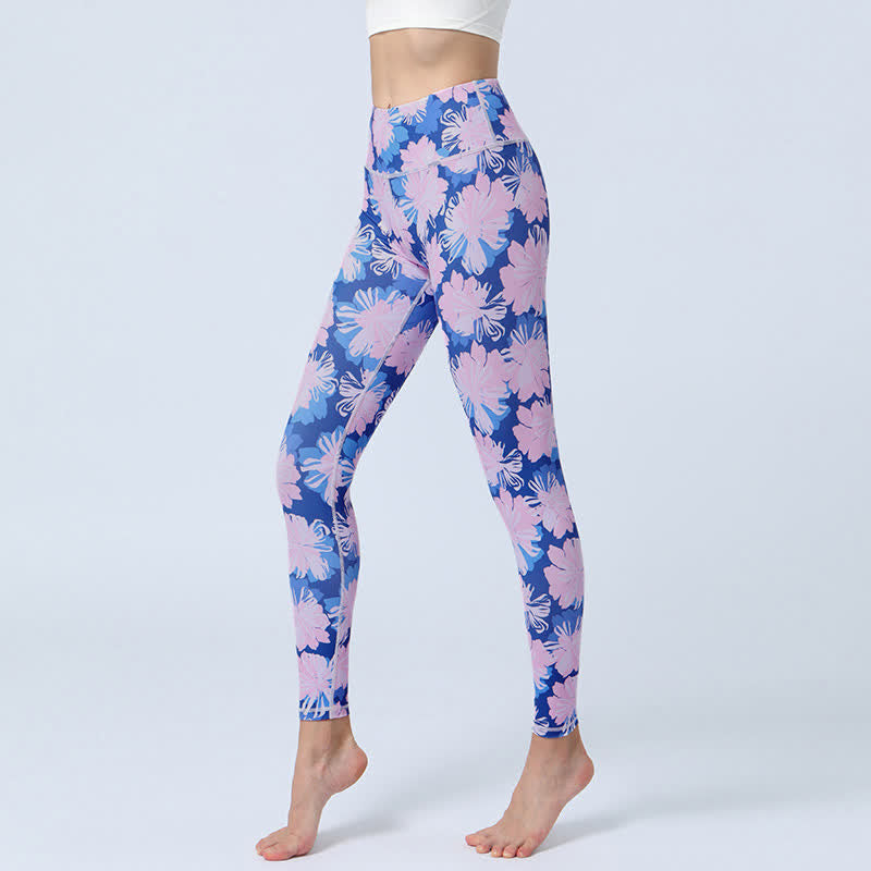 Buddha Stones Flowers Leaves Print Sports Fitness Yoga High Waist Leggings Women's Yoga Pants - Blue Pink Flowers - US8-10,UK/AU12-14,EU40-42 (XL) - image 7