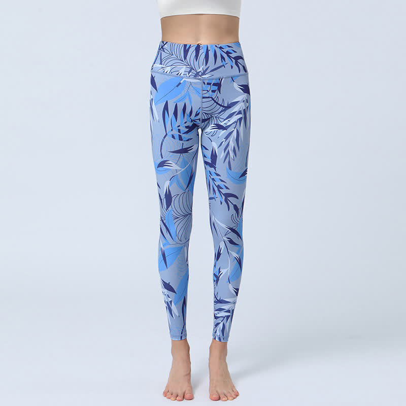 Buddha Stones Flowers Leaves Print Sports Fitness Yoga High Waist Leggings Women's Yoga Pants - Light Blue Leaves - US8-10,UK/AU12-14,EU40-42 (XL) - image 10