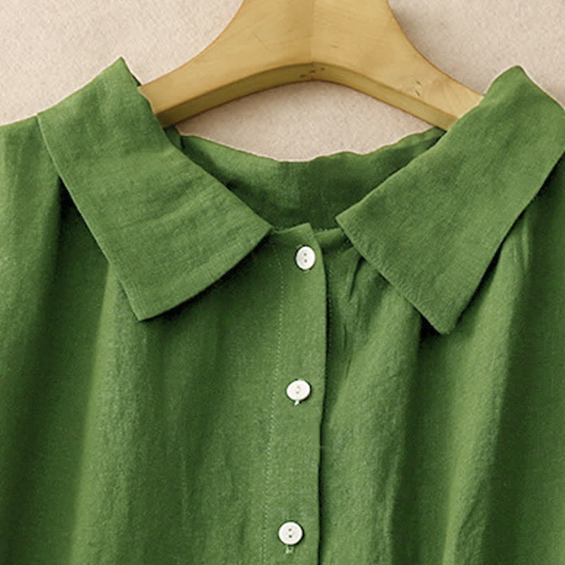 Buddha Stones Summer Plain Lace-up Button Front Design Lapel Sleeveless Knee Length Dress - image 9
