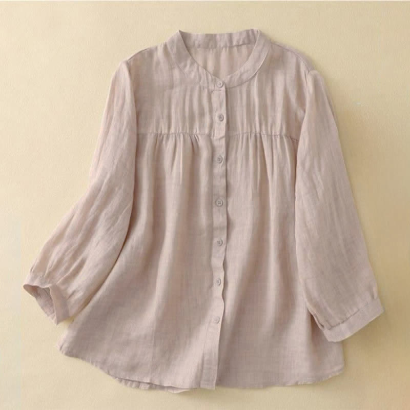 Buddha Stones Plain Crew Neck Buttons Design Three Quarter Sleeve Women's Shirt - Bisque - US14,UK/AU18,EU46 (3XL) - image 15