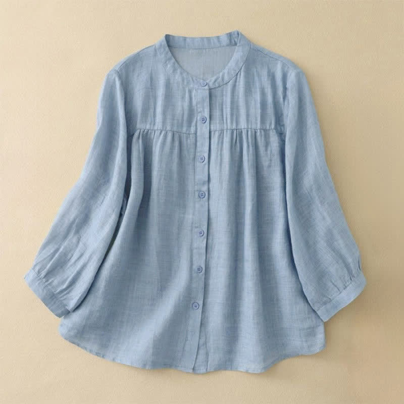 Buddha Stones Plain Crew Neck Buttons Design Three Quarter Sleeve Women's Shirt - LightSkyBlue - US14,UK/AU18,EU46 (3XL) - image 5