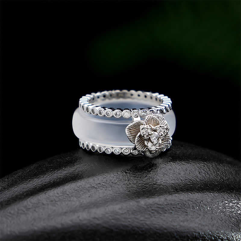 Buddha Stones Copper Inlaid White Camellia Retro Chinese Layered Ring - White Camellia Ring - US7(17.3mm) - image 0