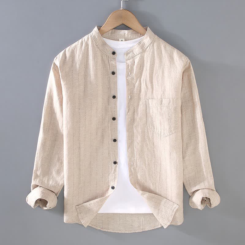Buddha Stones Spring Summer Casual Tang Style Mandarin Collar Striped Linen Men's Long Sleeve Shirts With Pocket - Khaki - US/UK/AU42,EU52 (3XL) - image 2