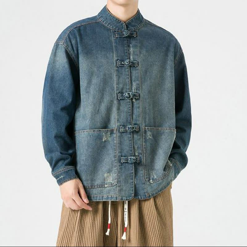 Buddha Stones Fall Vintage Tang Style Mandarin Collar Washed Solid Men's Jackets With Pocket - SteelBlue - US/UK/AU42,EU52 (3XL) - image 1