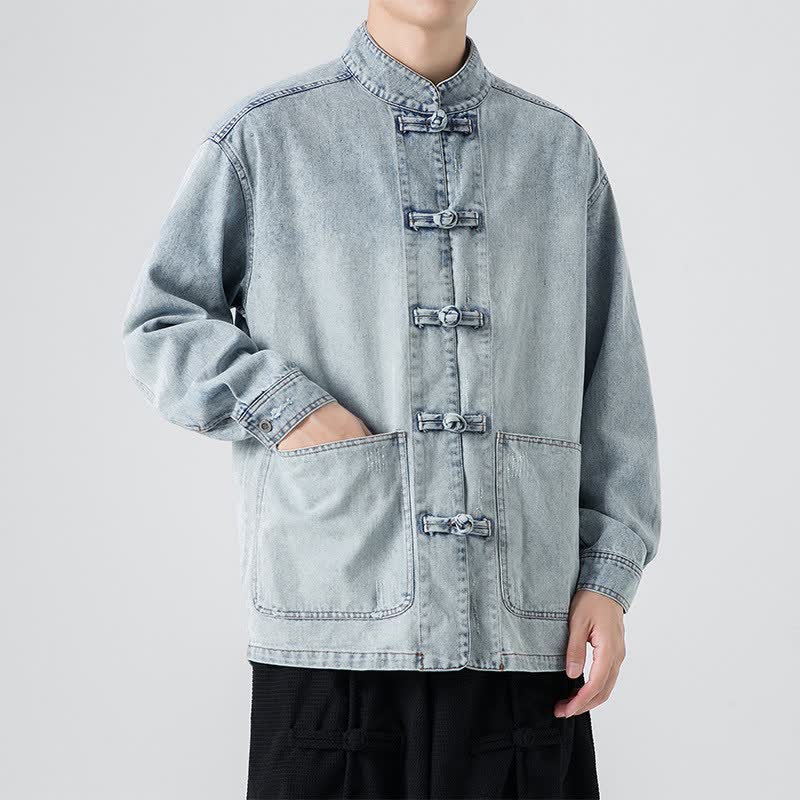 Buddha Stones Fall Vintage Tang Style Mandarin Collar Washed Solid Men's Jackets With Pocket - LightSteelBlue - US/UK/AU42,EU52 (3XL) - image 7