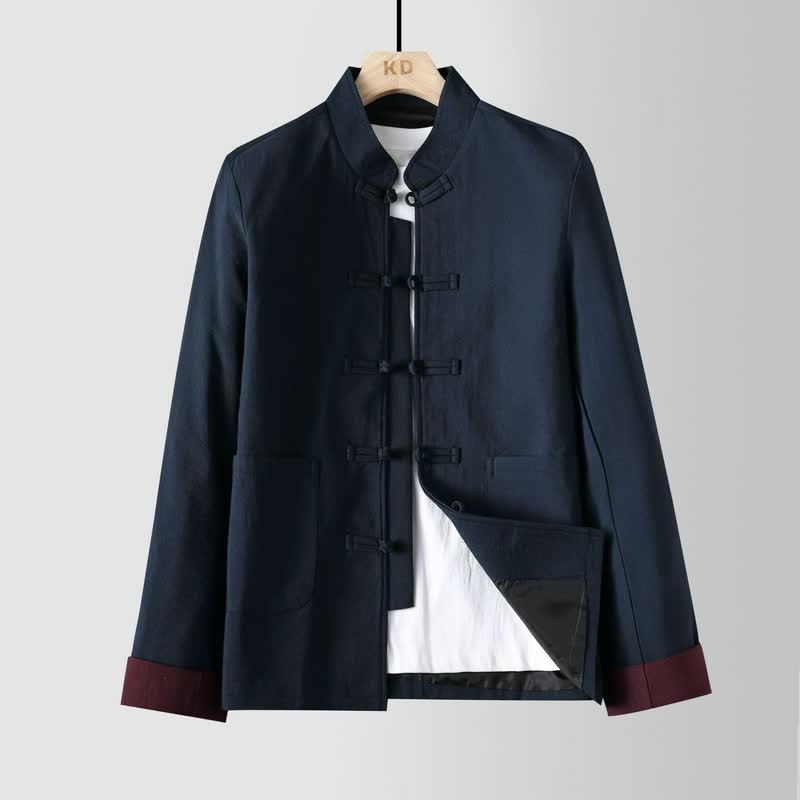 Buddha Stones Fall Winter Tang Style Vintage Mandarin Collar Frog Button Solid Men's Jackets With Pocket - Navy - US/UK/AU48,EU58 (6XL) - image 0
