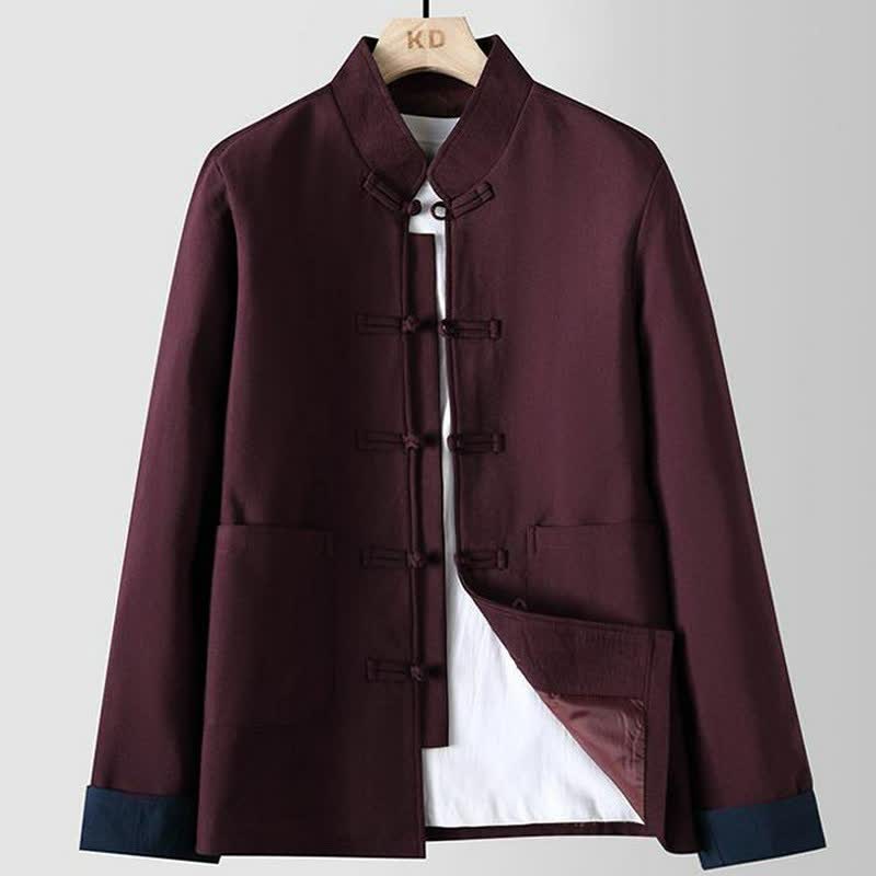 Buddha Stones Fall Winter Tang Style Vintage Mandarin Collar Frog Button Solid Men's Jackets With Pocket - Maroon - US/UK/AU48,EU58 (6XL) - image 3