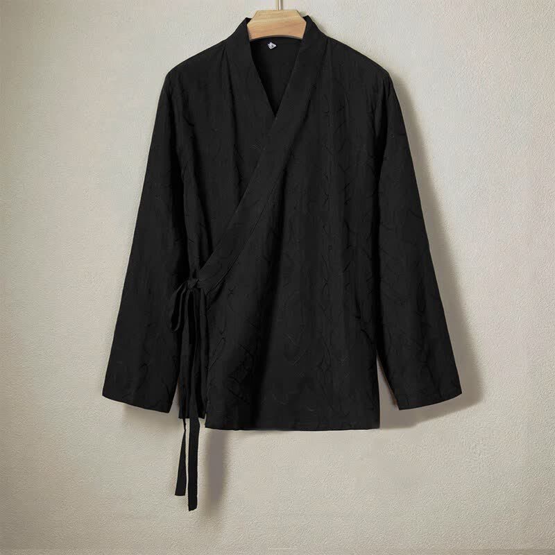 Buddha Stones Spring Summer Minimalist Casual Drawstring Solid Cotton Men's Long Sleeve Shirts - Black - US/UK/AU44,EU54 (4XL) - image 0