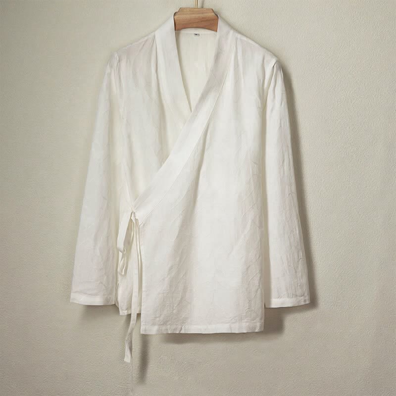 Buddha Stones Spring Summer Minimalist Casual Drawstring Solid Cotton Men's Long Sleeve Shirts - AntiqueWhite - US/UK/AU44,EU54 (4XL) - image 6
