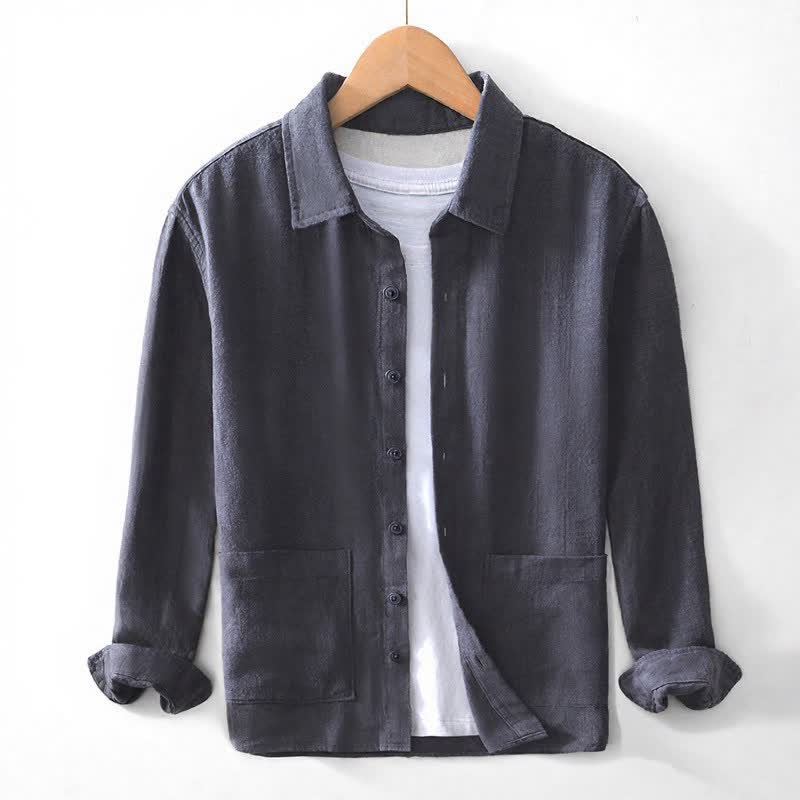 Buddha Stones Fall Casual Vintage Button-Up Patch Solid Ramie Men's Long Sleeve Shirts With Pocket - SlateGray - US/UK/AU42,EU52 (3XL) - image 6