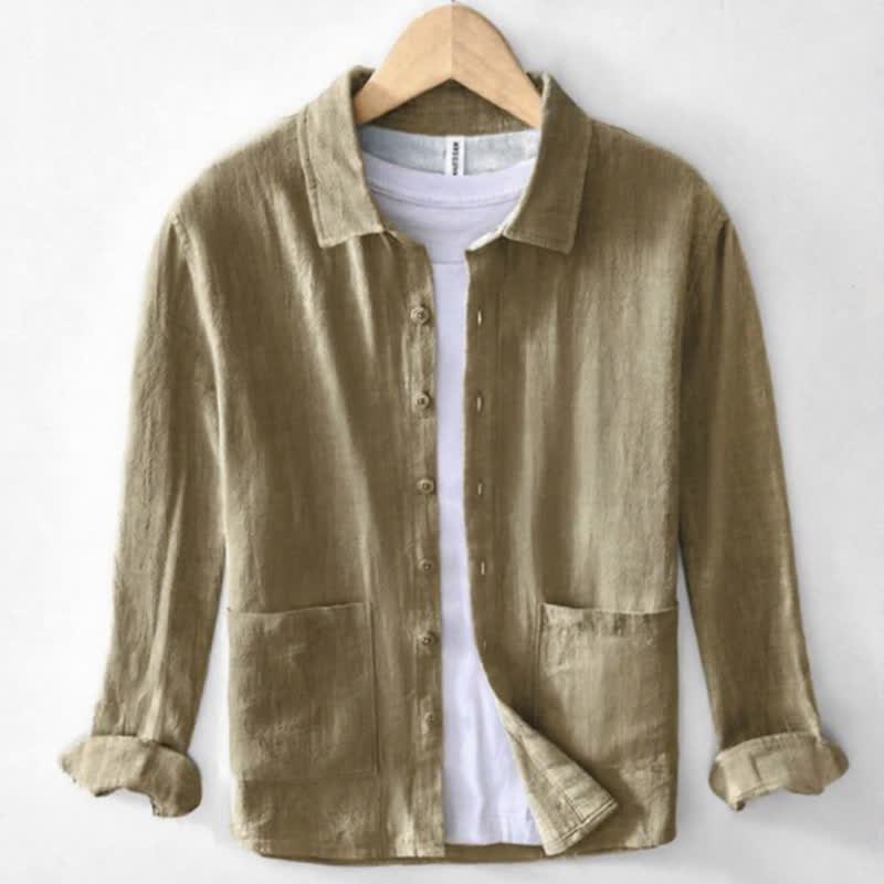 Buddha Stones Fall Casual Vintage Button-Up Patch Solid Ramie Men's Long Sleeve Shirts With Pocket - Tan - US/UK/AU42,EU52 (3XL) - image 0