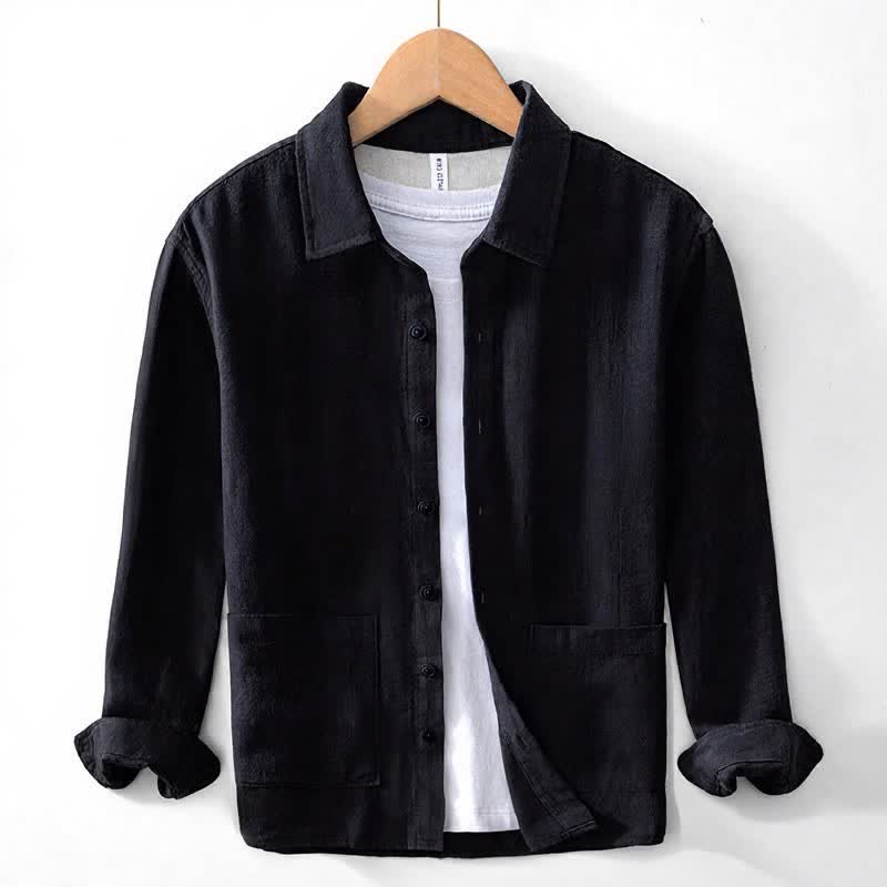 Buddha Stones Fall Casual Vintage Button-Up Patch Solid Ramie Men's Long Sleeve Shirts With Pocket - Black - US/UK/AU42,EU52 (3XL) - image 12