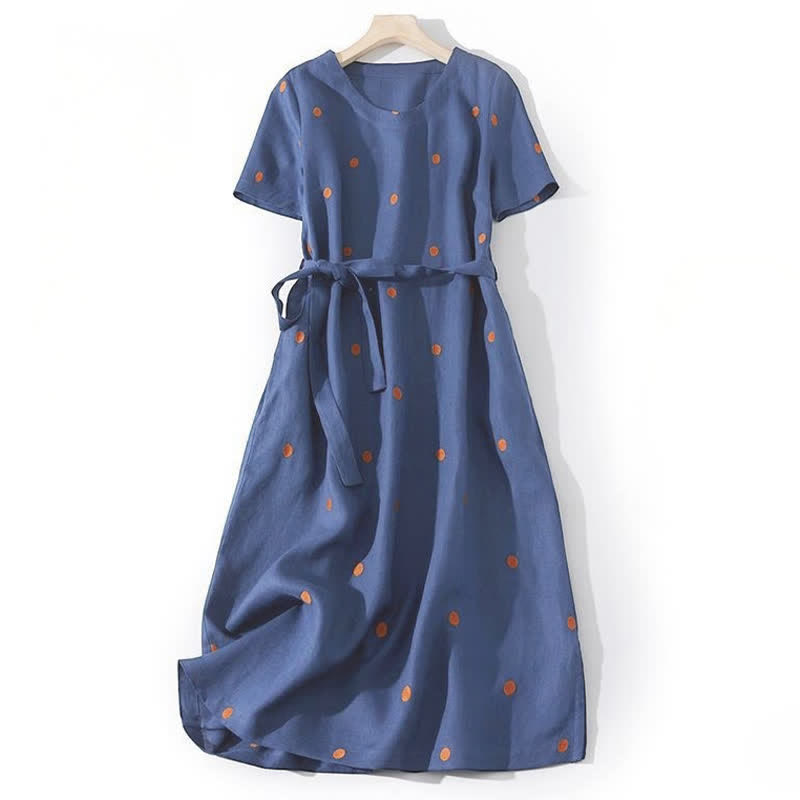 Buddha Stones Casual Dot Pattern Short Sleeve Lace-up Women's Midi Dress With Pockets - DarkBlue - US8-10,UK/AU12-14,EU40-42 (2XL) - image 0