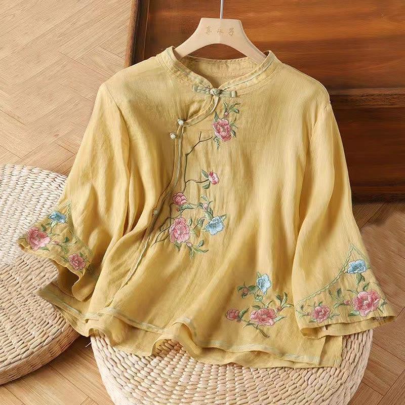 Buddha Stones Casual Vintage Embroidery Flower Pattern Chinese Frog-Button Crew Neck Design Women's Cotton Linen Shirt - Gold - US12,UK/AU16,EU44 (3XL) - image 4