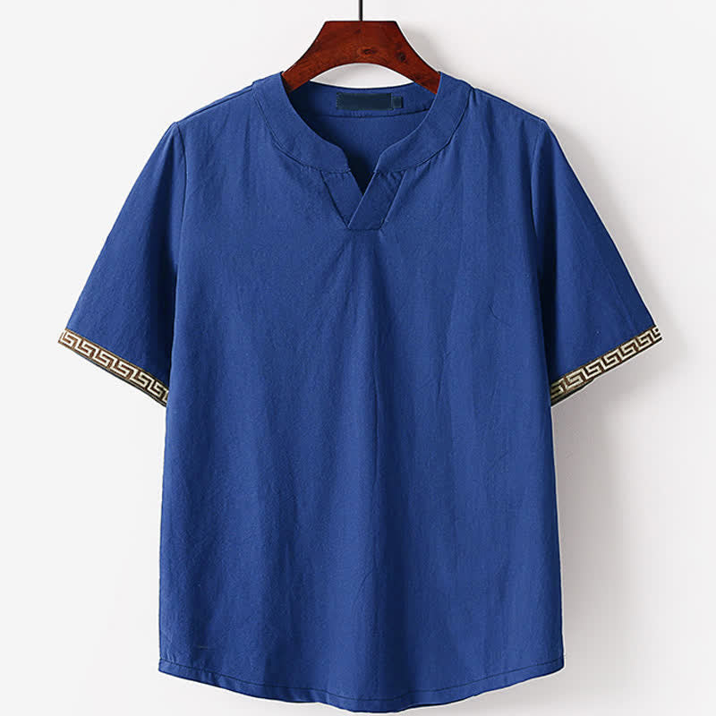 Buddha Stones Summer Embroidered Short Sleeve Notched Collar Men's Cotton Linen T-Shirt - SteelBlue - US/UK/AU56,EU66(9XL) - image 0