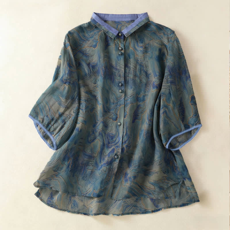 Buddha Stones Summer Floral Print Button Up Mandarin Collar Chiffon Women's Elbow-Length Sleeve Shirt - CadetBlue - US8-10,UK/AU12-14,EU40-42 (2XL) - image 0