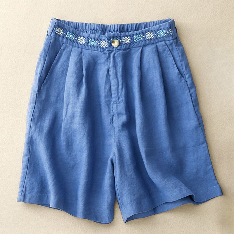 Buddha Stones Summer Casual Embroidery Flower Pleated Zipper Button Polyester Women's Shorts With Pockets - RoyalBlue - US8-10,UK/AU12-14,EU40-42 (2XL) - image 0