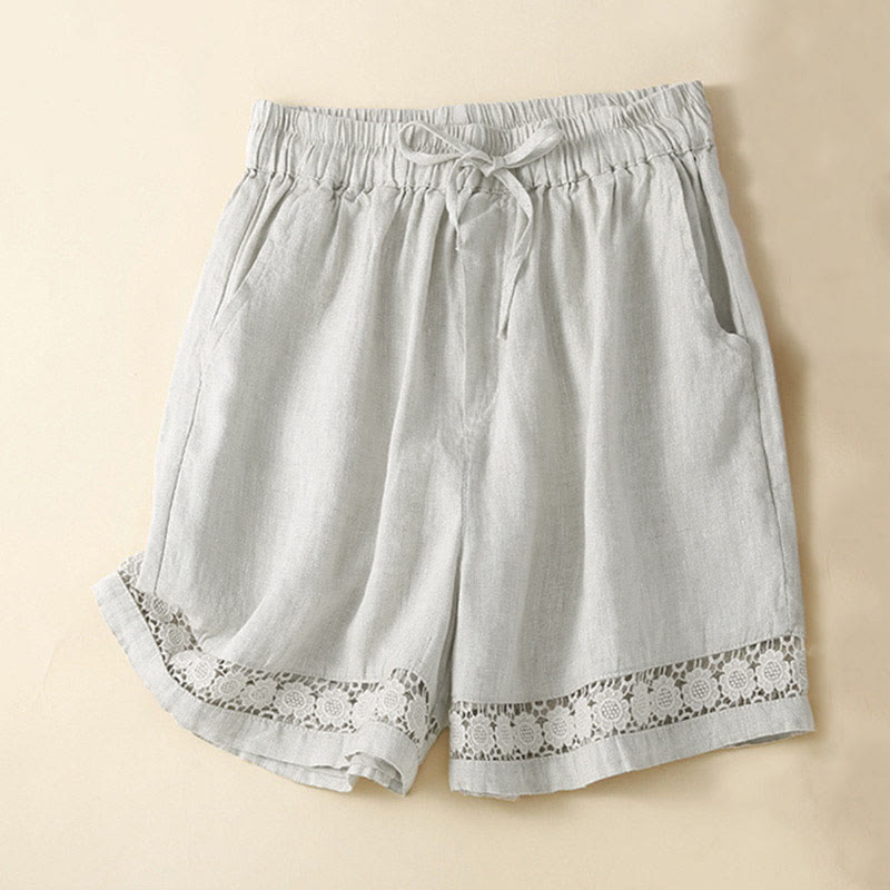 Buddha Stones Plain Color Bottom Hollow Lace Design Lace-up Cotton Women's Shorts With Pockets - Beige - US12,UK/AU16,EU44 (3XL) - image 0