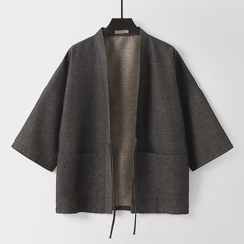 Buddha Stones Fall Casual Minimalist Drawstring Solid Cotton Linen Men's Kimono With Pockets - DimGray - US/UK/AU54,EU64 (9XL) - image 0
