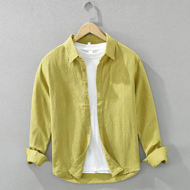 Buddha Stones Spring Fall Casual Minimalist Button-Up Solid Ramie Men's Long Sleeve Shirts - Khaki - US/UK/AU42,EU52 (3XL) - image 12