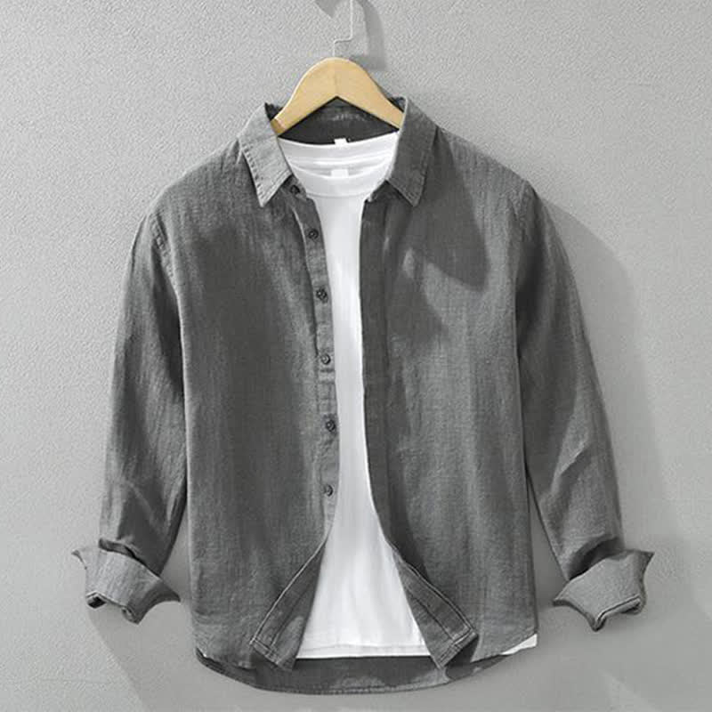 Buddha Stones Spring Fall Casual Minimalist Button-Up Solid Ramie Men's Long Sleeve Shirts - DimGray - US/UK/AU42,EU52 (3XL) - image 0