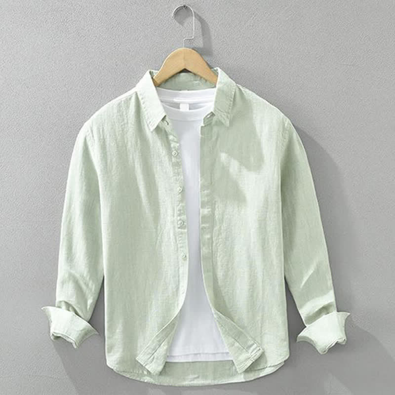 Buddha Stones Spring Fall Casual Minimalist Button-Up Solid Ramie Men's Long Sleeve Shirts - MintCream - US/UK/AU42,EU52 (3XL) - image 9