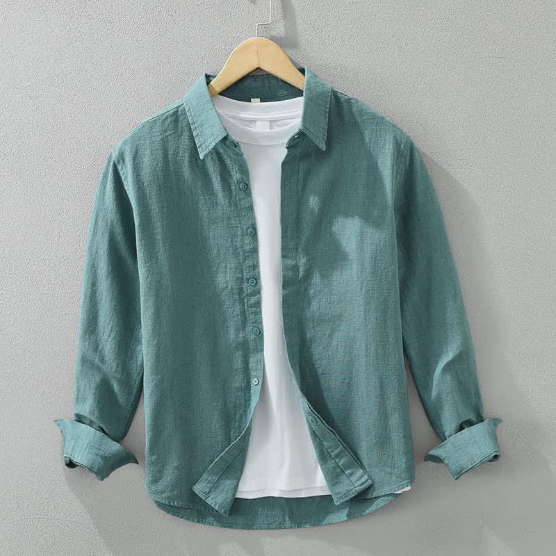 Buddha Stones Spring Fall Casual Minimalist Button-Up Solid Ramie Men's Long Sleeve Shirts - CadetBlue - US/UK/AU42,EU52 (3XL) - image 4