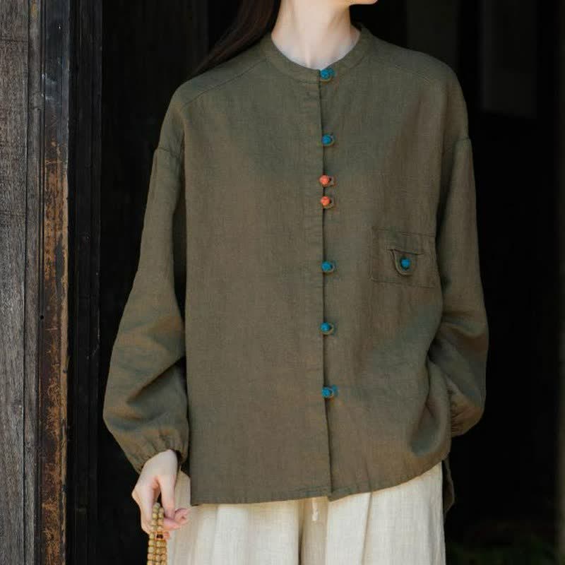 Buddha Stones Fall Tang Style Vintage Frog Button Solid Ramie Women's Long Sleeve Shirts - Olive - US4-8/10,UK/AU8-12/14,EU36-40/42 (F) - image 11