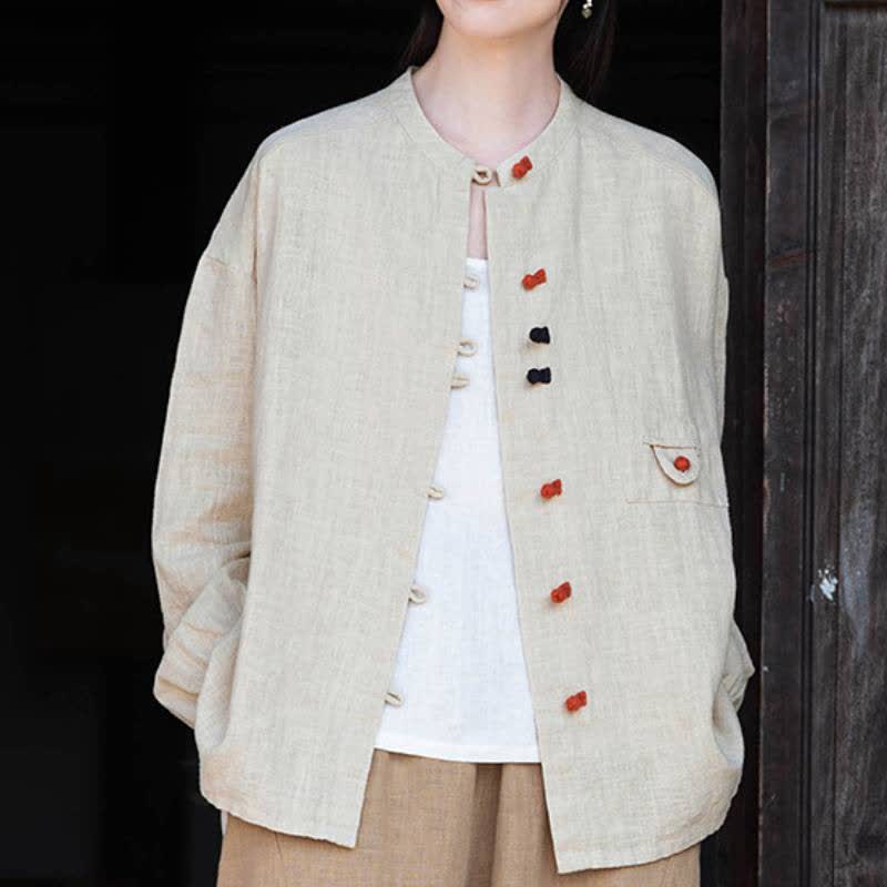 Buddha Stones Fall Tang Style Vintage Frog Button Solid Ramie Women's Long Sleeve Shirts - Linen - US4-8/10,UK/AU8-12/14,EU36-40/42 (F) - image 5