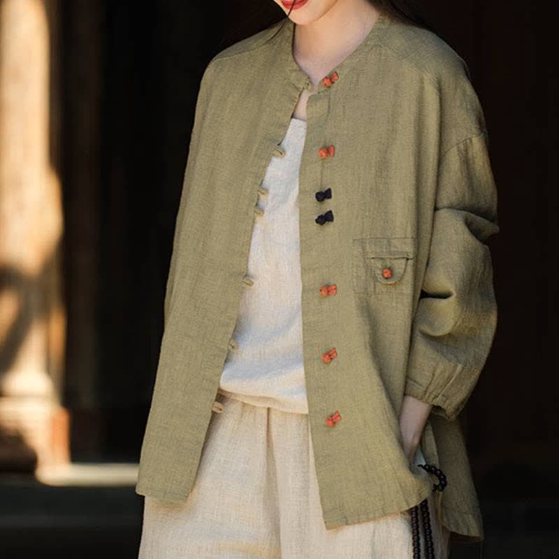 Buddha Stones Fall Tang Style Vintage Frog Button Solid Ramie Women's Long Sleeve Shirts - DarkKhaki - US4-8/10,UK/AU8-12/14,EU36-40/42 (F) - image 0