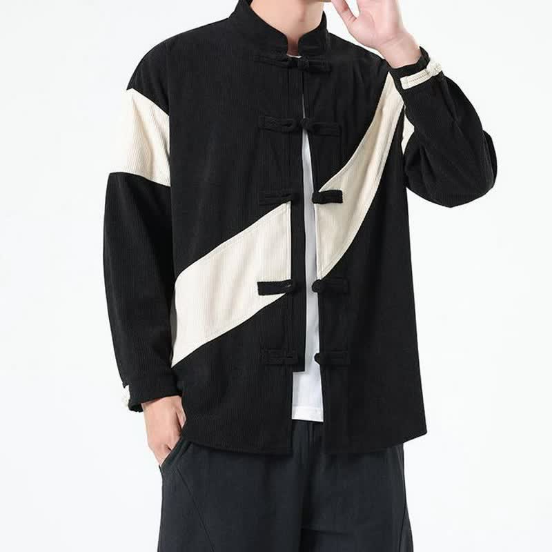 Buddha Stones Fall Winter Casual Tang Style Frog Button Corduroy Geometric Men's Jacket - Ivory - US/UK/AU46,EU56 (5XL) - image 13