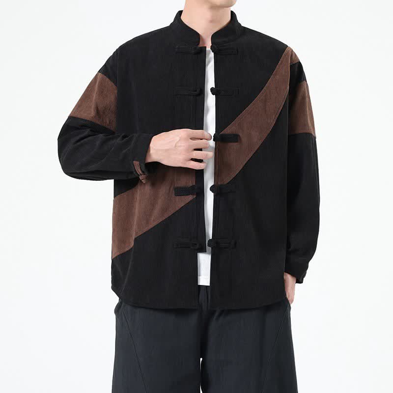 Buddha Stones Fall Winter Casual Tang Style Frog Button Corduroy Geometric Men's Jacket - SaddleBrown - US/UK/AU46,EU56 (5XL) - image 0