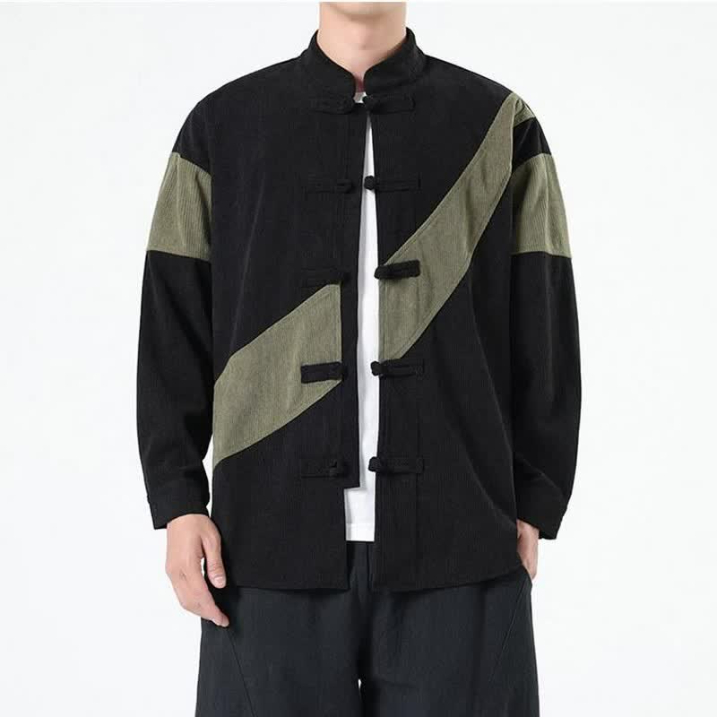Buddha Stones Fall Winter Casual Tang Style Frog Button Corduroy Geometric Men's Jacket - DarkOliveGreen - US/UK/AU46,EU56 (5XL) - image 6