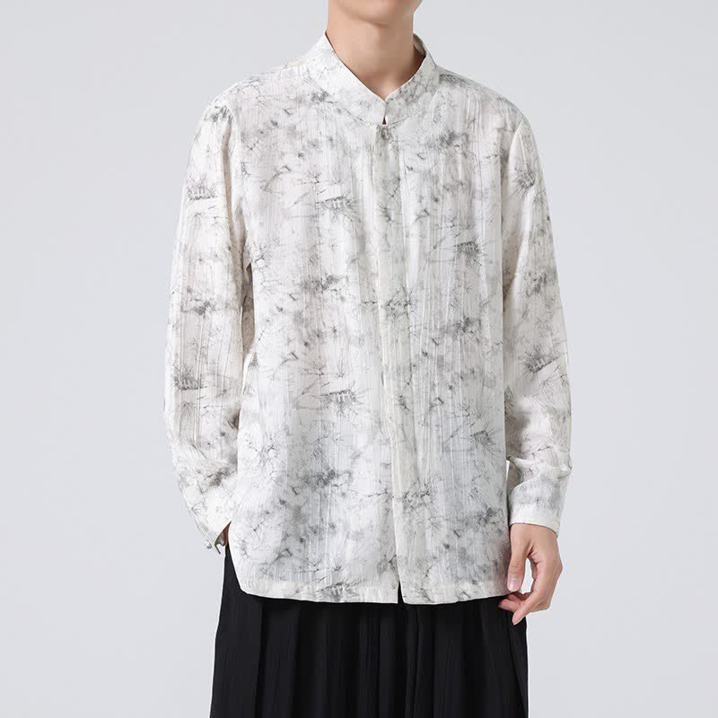 Buddha Stones Spring Tang Style Minimalist Mandarin Collar Abstract Men's Long Sleeve Shirts - WhiteSmoke - US/UK/AU46,EU56 (5XL) - image 0