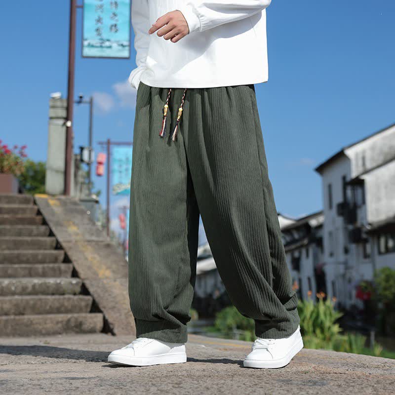 Buddha Stones Fall Winter Casual Vintage Drawstring Solid Corduroy Ankle Pants Men's Straight Leg Pants With Pockets - DarkOliveGreen - US/UK/AU46,EU56 (5XL) - image 0