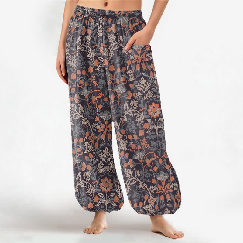 Buddha Stones Cotton Vintage Floral Paisley Pattern Women's Elastic Waist Harem Pants With Side Pockets - SaddleBrown - US16,UK/AU20,EU48 (3XL) - image 0