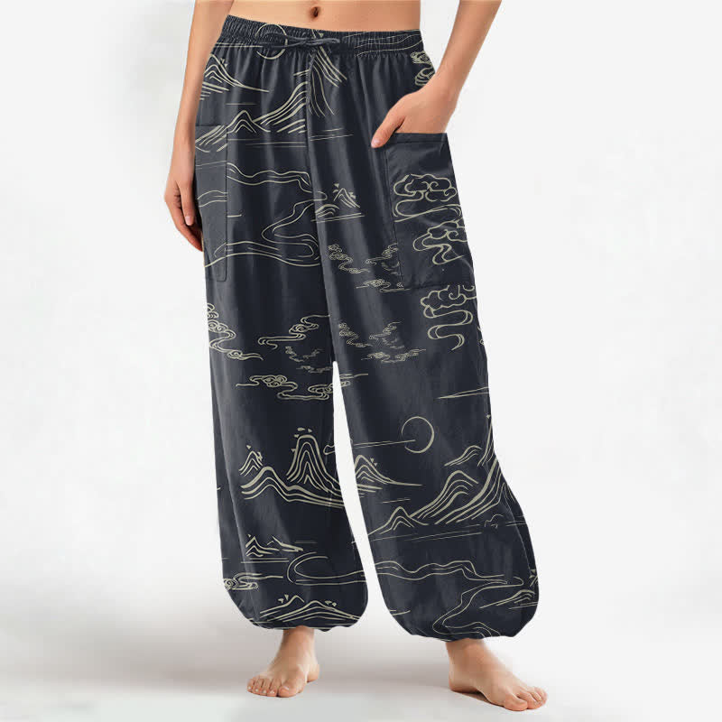 Buddha Stones Cotton Oriental Mountain Cloud Pattern Women's Elastic Waist Harem Pants With Side Pockets - Black - US16,UK/AU20,EU48 (3XL) - image 0