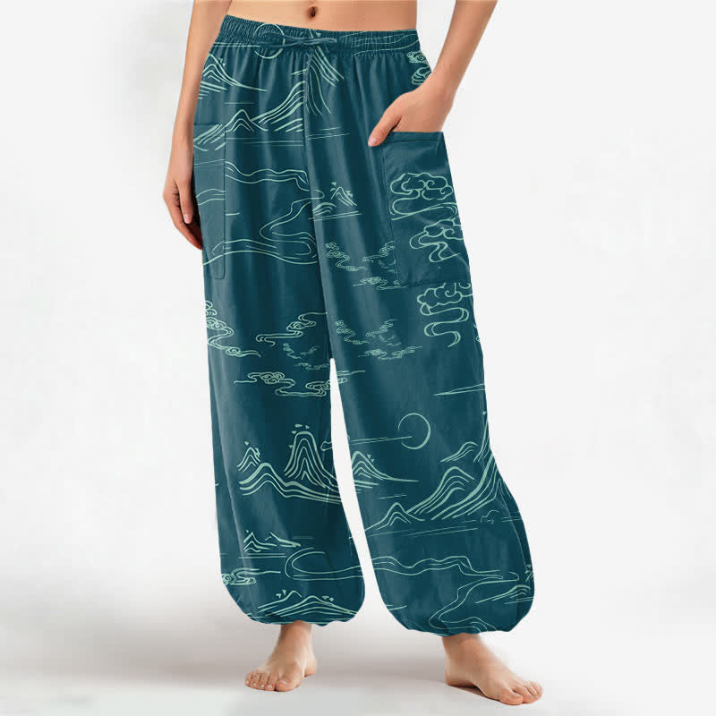 Buddha Stones Cotton Oriental Mountain Cloud Pattern Women's Elastic Waist Harem Pants With Side Pockets - Teal - US16,UK/AU20,EU48 (3XL) - image 7