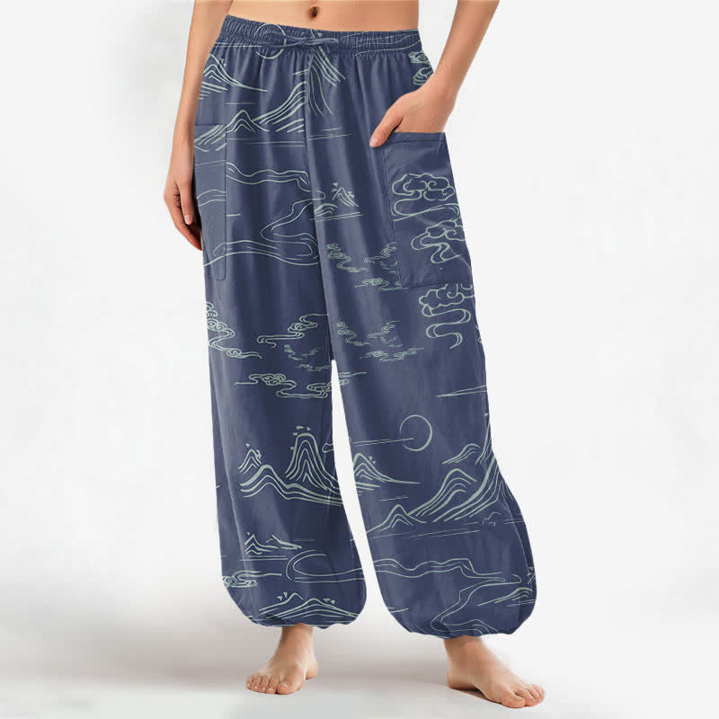 Buddha Stones Cotton Oriental Mountain Cloud Pattern Women's Elastic Waist Harem Pants With Side Pockets - SteelBlue - US16,UK/AU20,EU48 (3XL) - image 10