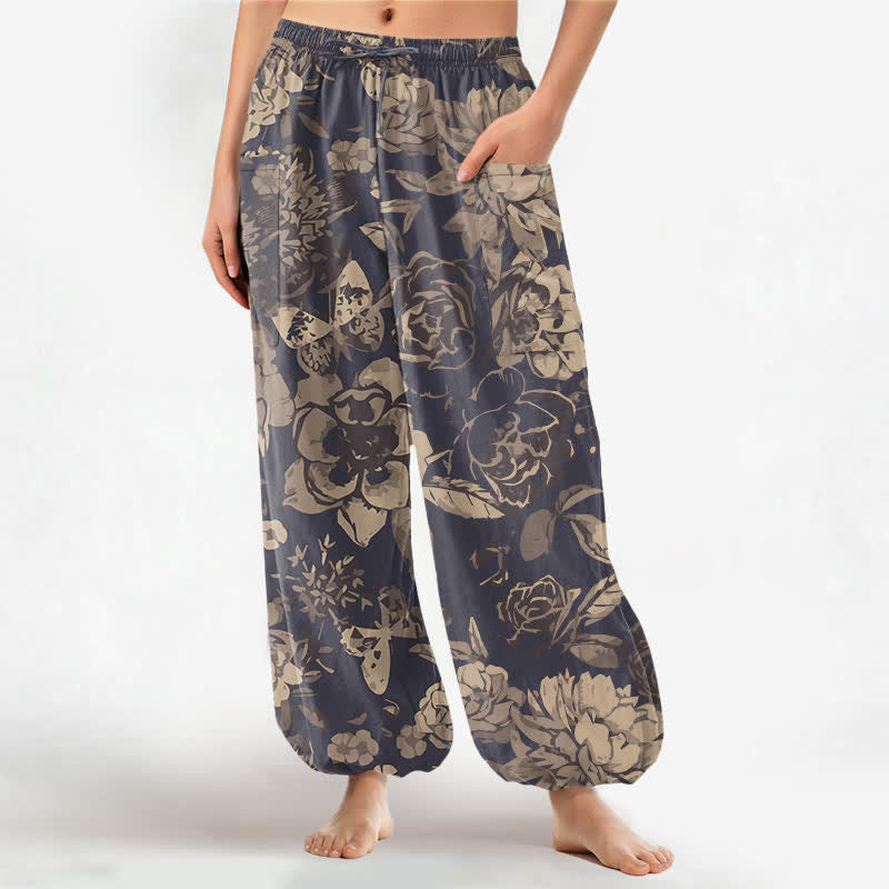 Buddha Stones Cotton Vintage Peony Chrysanthemum Floral Pattern Women's Elastic Waist Harem Pants With Side Pockets - DarkSlateBlue - US16,UK/AU20,EU48 (3XL) - image 0