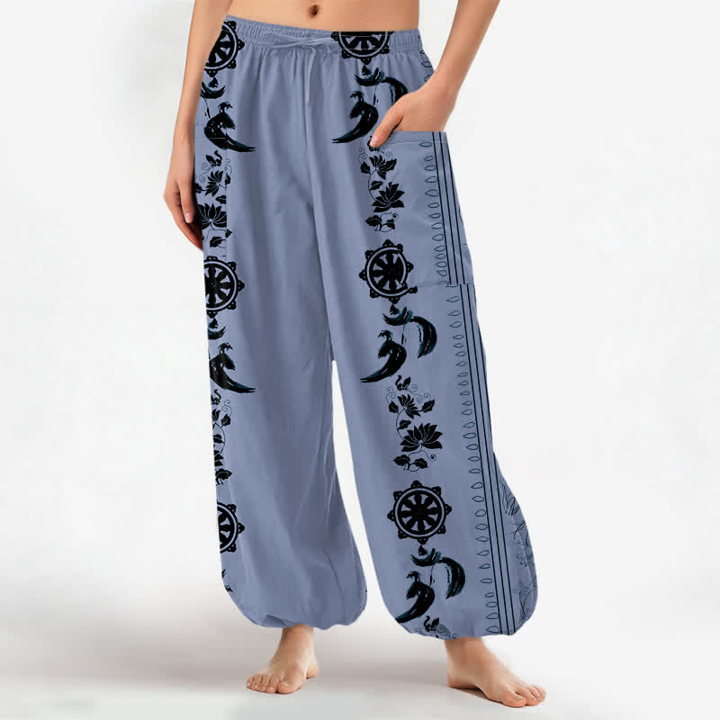 Buddha Stones Cotton Bohemian Dharma Wheel Lotus OM Stripe Pattern Women's Elastic Waist Harem Pants With Side Pockets - LightSteelBlue - US16,UK/AU20,EU48 (3XL) - image 0