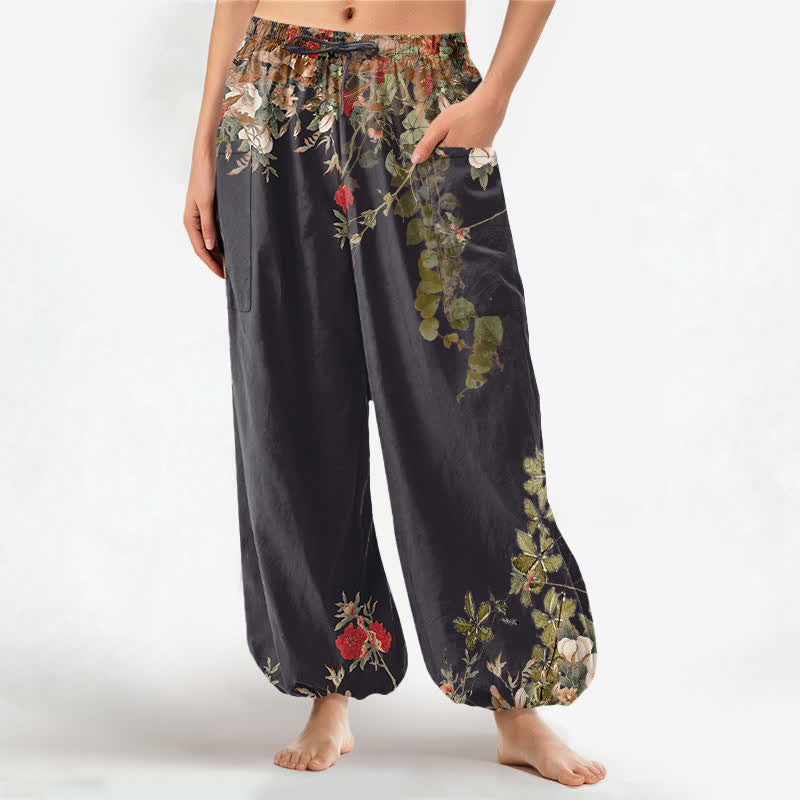 Buddha Stones Cotton Vintage Red Peony Flower Vine Pattern Women's Elastic Waist Harem Pants With Side Pockets - Black - US16,UK/AU20,EU48 (3XL) - image 0