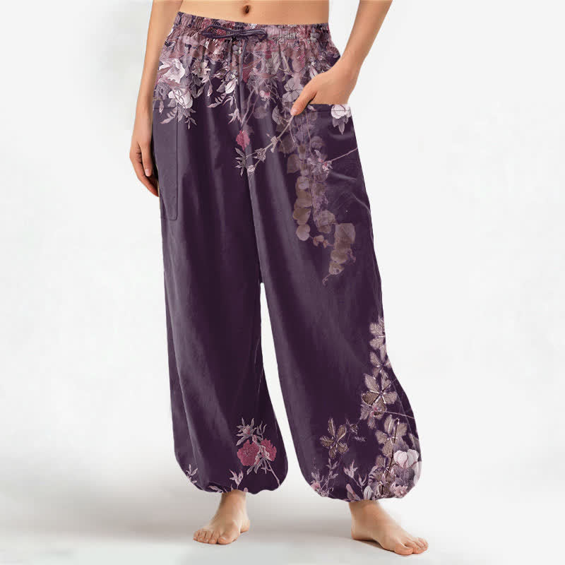 Buddha Stones Cotton Vintage Red Peony Flower Vine Pattern Women's Elastic Waist Harem Pants With Side Pockets - Purple - US16,UK/AU20,EU48 (3XL) - image 8