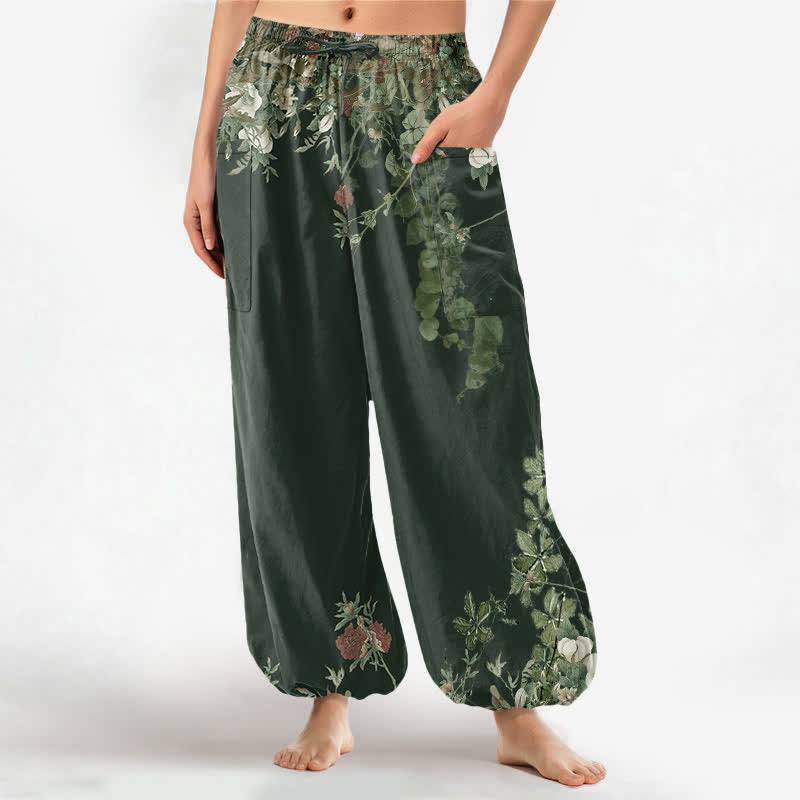 Buddha Stones Cotton Vintage Red Peony Flower Vine Pattern Women's Elastic Waist Harem Pants With Side Pockets - ForestGreen - US16,UK/AU20,EU48 (3XL) - image 11