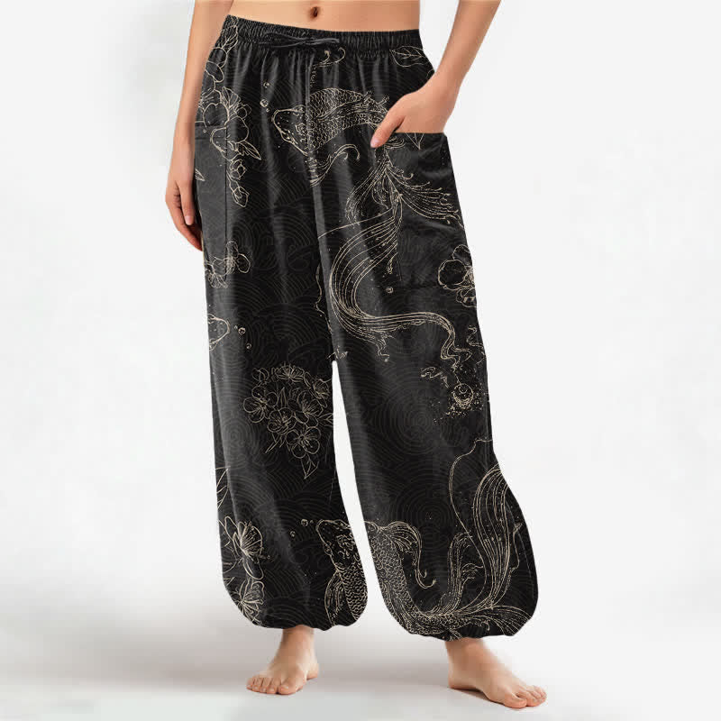 Buddha Stones Cotton Koi Fish Floral Pattern Women's Elastic Waist Harem Pants With Side Pockets - Black - US16,UK/AU20,EU48 (3XL) - image 0