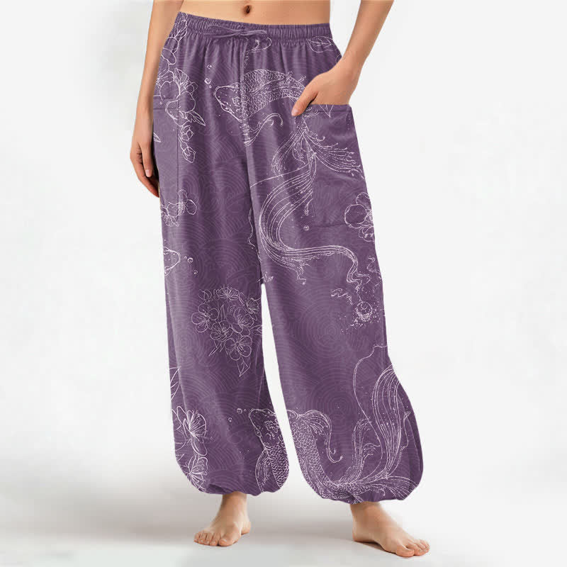 Buddha Stones Cotton Koi Fish Floral Pattern Women's Elastic Waist Harem Pants With Side Pockets - Plum - US16,UK/AU20,EU48 (3XL) - image 7