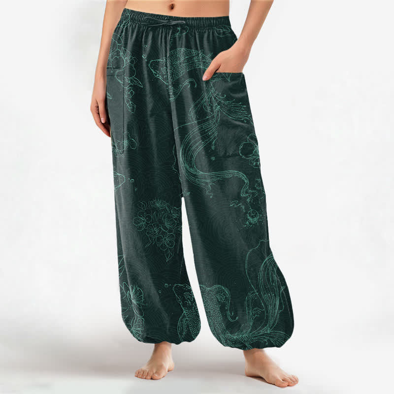 Buddha Stones Cotton Koi Fish Floral Pattern Women's Elastic Waist Harem Pants With Side Pockets - Teal - US16,UK/AU20,EU48 (3XL) - image 10