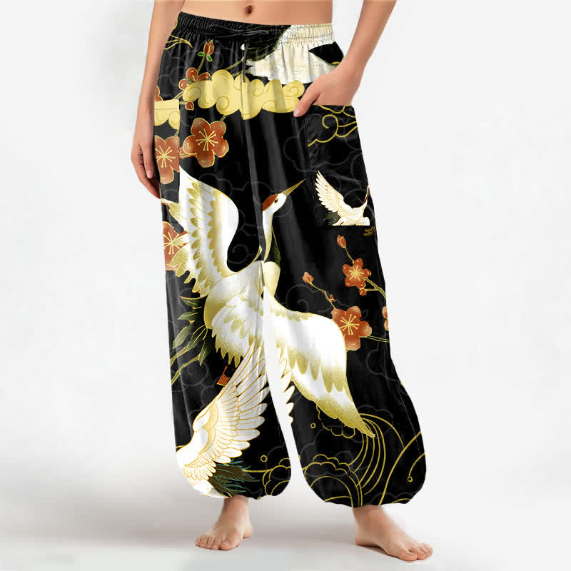 Buddha Stones Cotton Oriental Crane Blossom Cloud Pattern Women's Elastic Waist Harem Pants With Side Pockets - Black - US16,UK/AU20,EU48 (3XL) - image 0